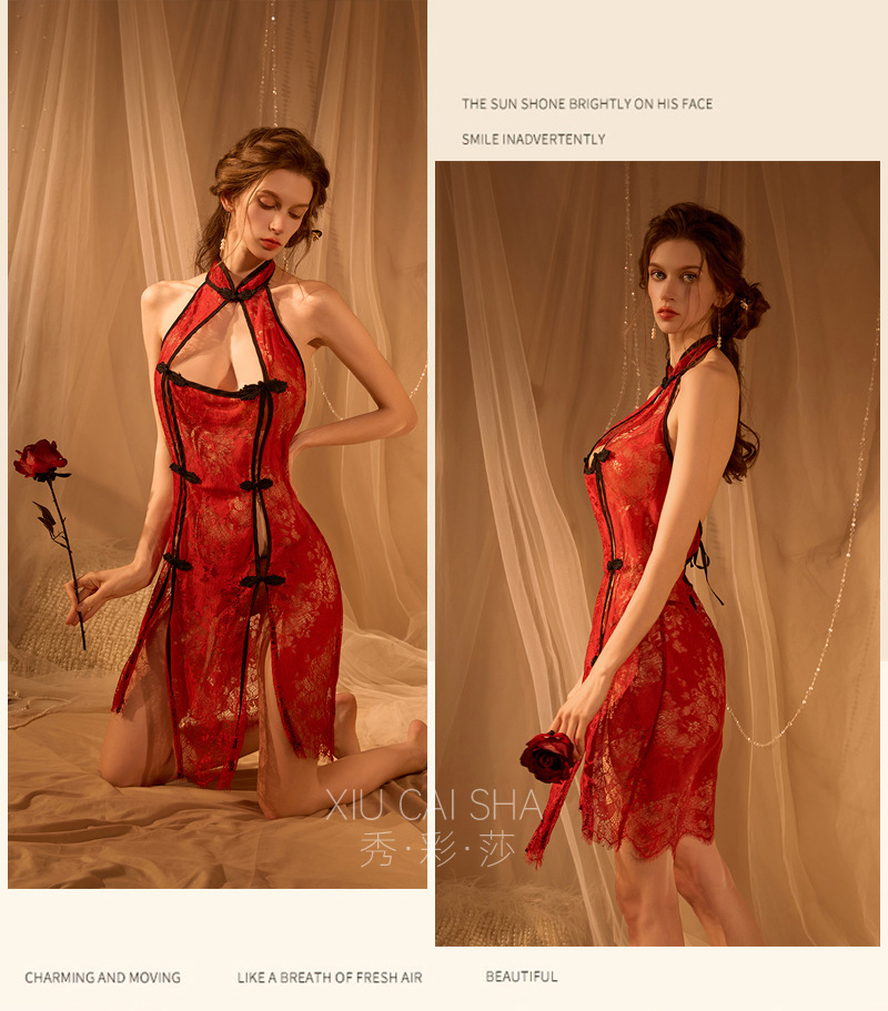 Lace Cheongsam-Style Lingerie Set with Butterfly Buckle and Backless Cut-Out Design — detail image 11