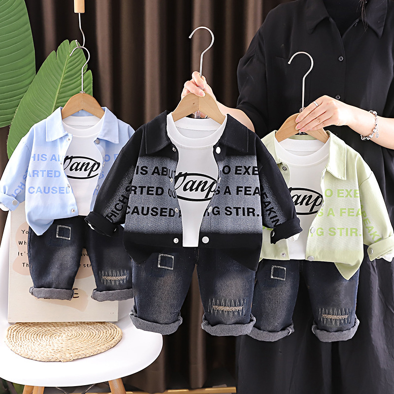 Boys' Autumn Outfit Set 2026 New Style Children's Spring and Autumn Fashionable Letter Shirt Long Sleeve Jacket Three-Piece Set