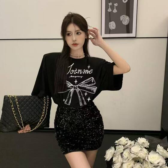 Loose Bow Print Short-sleeved T-shirt Women's 2025 Summer New Fresh Niche All-match Top Slim T-shirt
