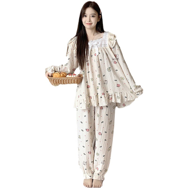 Chanel estilo ins pijamas de las mujeres tejido crepe encaje algodón Otoño e Invierno suéter manga larga dulce desgaste casero traje