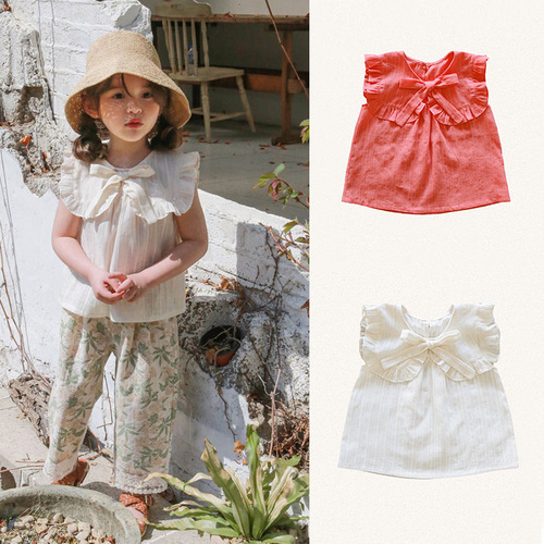 2024 Summer Strawberry Shan Korean Style Children's Clothes Girls Girls Tie Bow Lapel Shirt