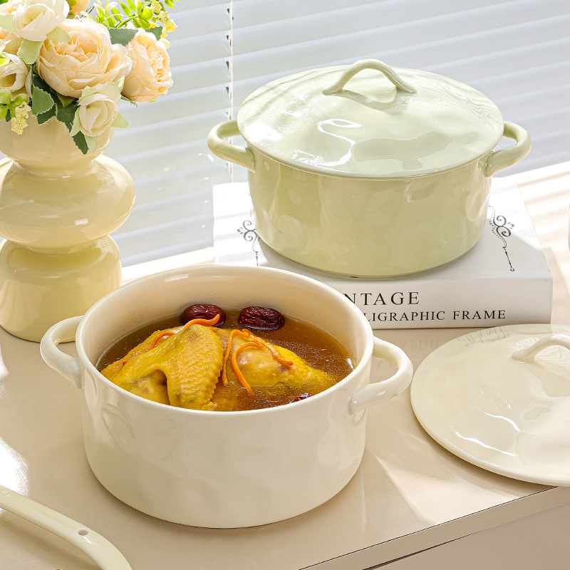 Olla grande de cerámica estilo japonés de lujo ligero, estilo crema, para sopa, fideos instantáneos, tazón grande para sopa, vajilla de cerámica