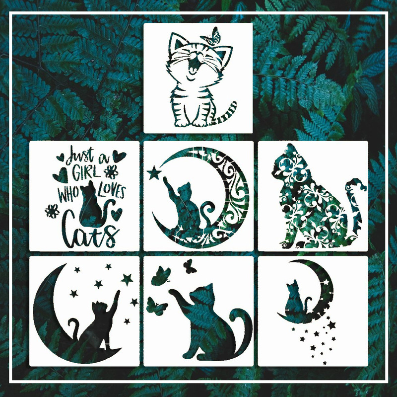 Seven cute cat hollow painting template children student hand-painted DIY pattern copy graffiti auxiliary tool