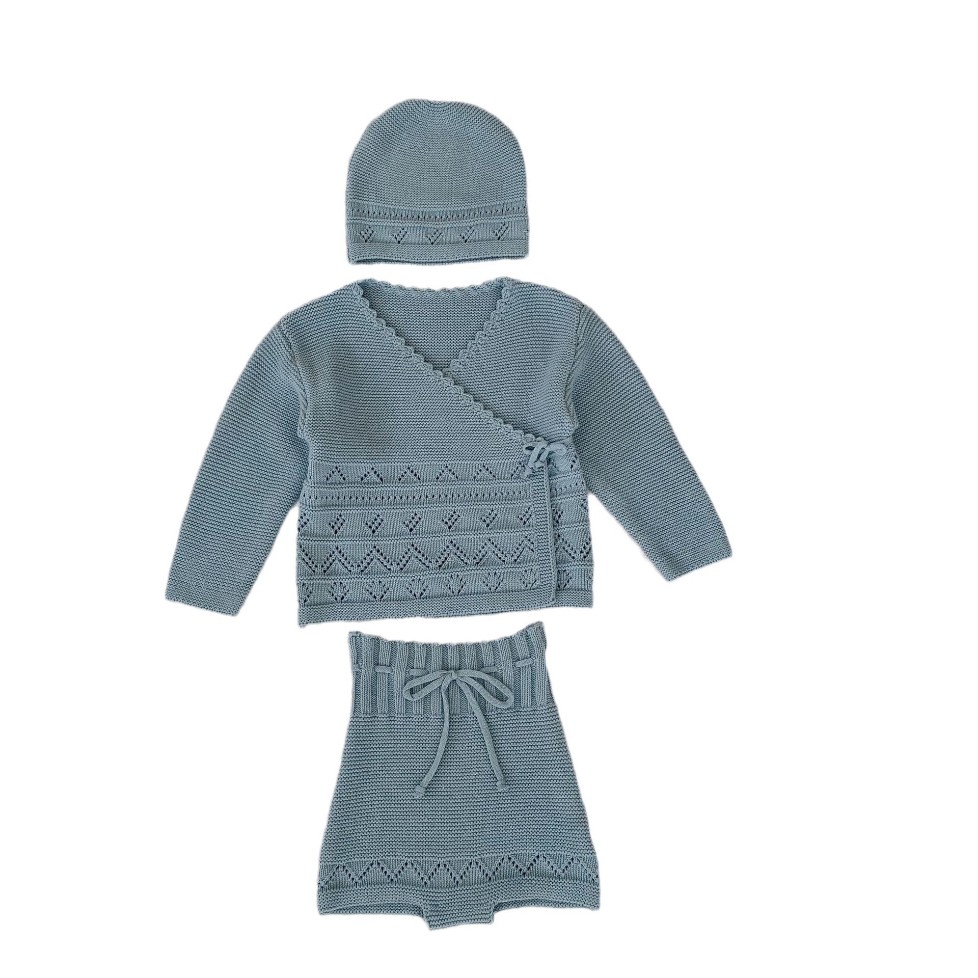 Ropa de otoño 2024 para bebés y niños pequeños, chaqueta gris azul con cuello cruzado y tapeta delantera, pantalones cortos atados y_voghion.com