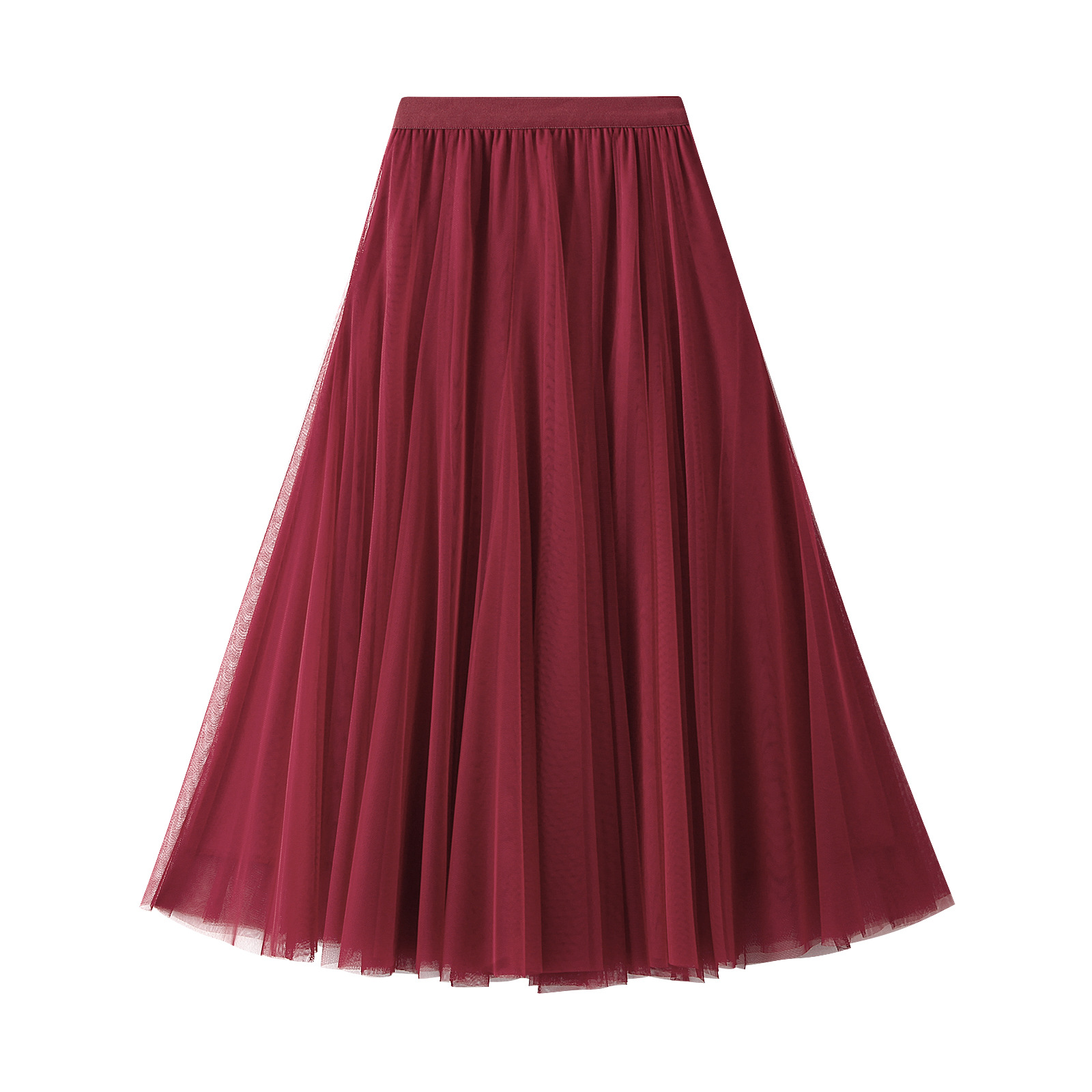 Ein fließender dunkelburgunderfarbener High-Waist-Plisseetüll-Midirock mit angenähtem Bund und mehrlagigen Plisseefalten.