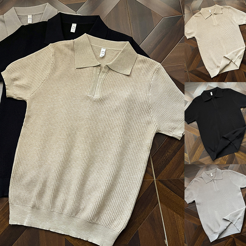 Polo camiseta de punto camiseta de manga corta camiseta hombre cuello en V cuello gaviota sensación de textura viejo dinero viento hielo seda fábrica transfronteriza al por mayor