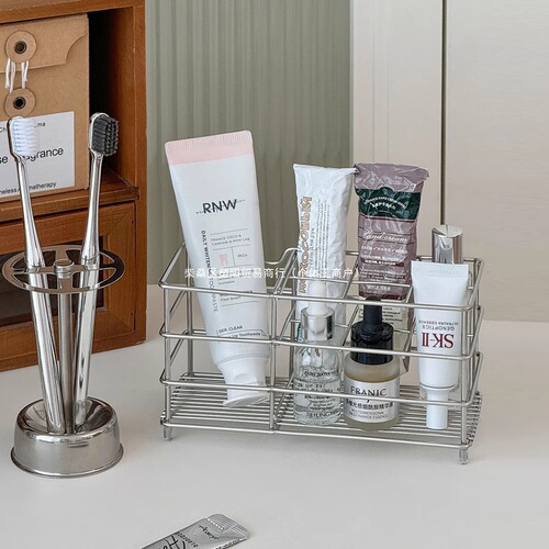 Ins bathroom toothbrush holder basket countertop draining shelf makeup basket stainless steel skin care product storage bathroom