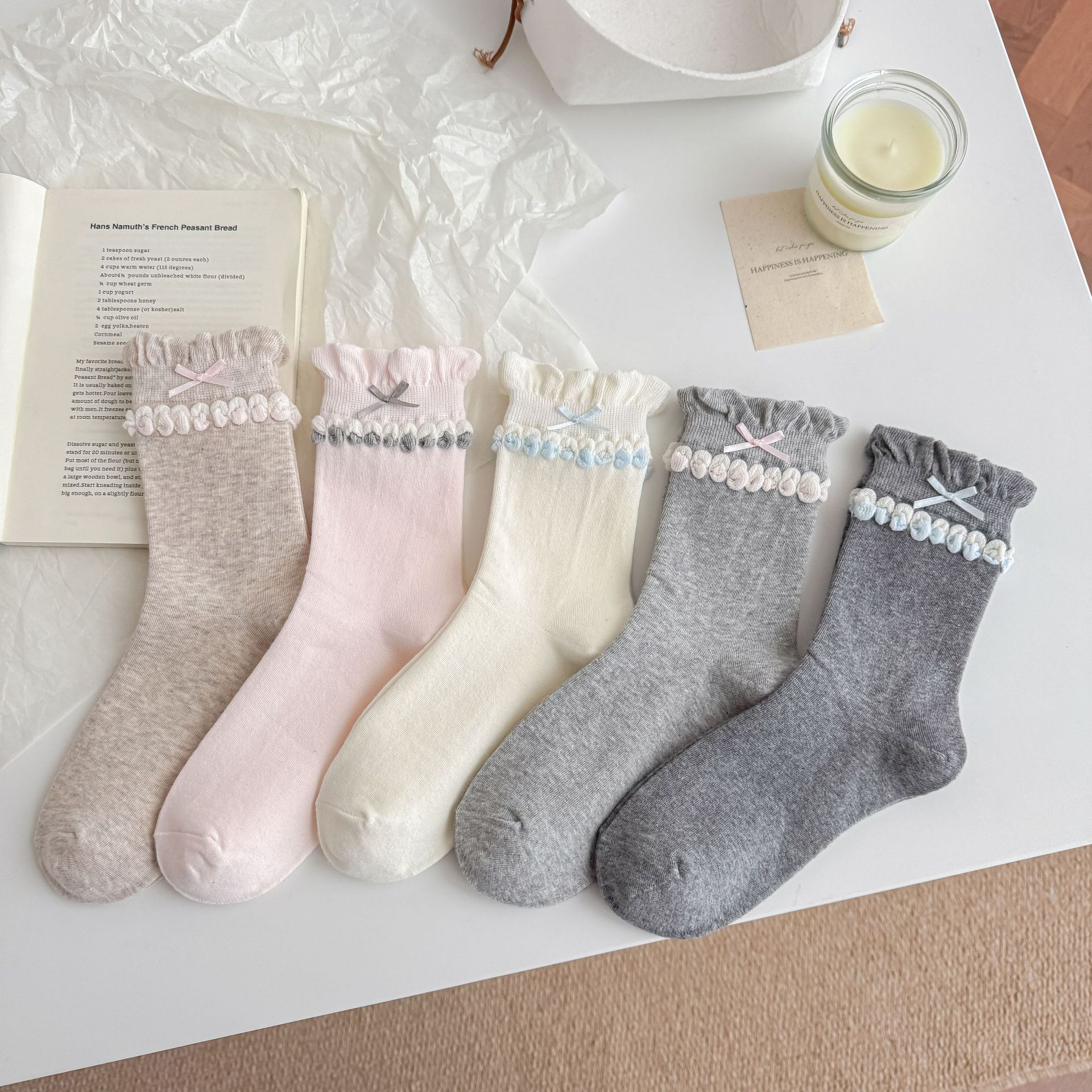 Coquette Romantic Cotton Ruffled Bobble Bow Crew Socks For Sweet Outfits Detail View 1