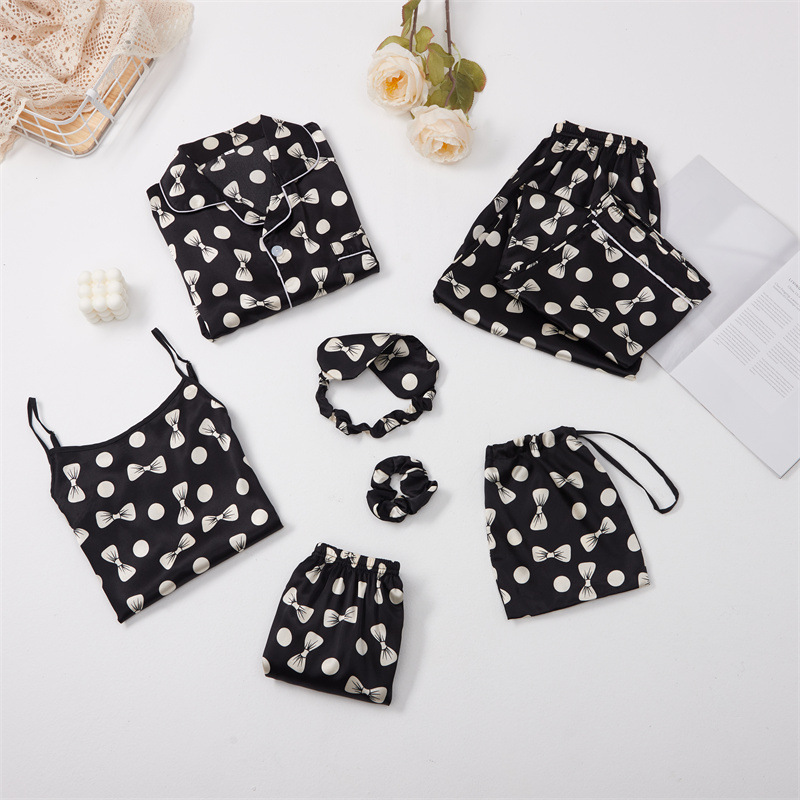 Entrega de una pieza nueva flor de siete piezas pijamas de manga larga de primavera de las mujeres de seda-como sexy homewear traje pijamas