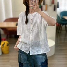 夏季新款2026刺绣衬衫棉麻圆领复古休闲宽松开扣上衣短袖衬衣女