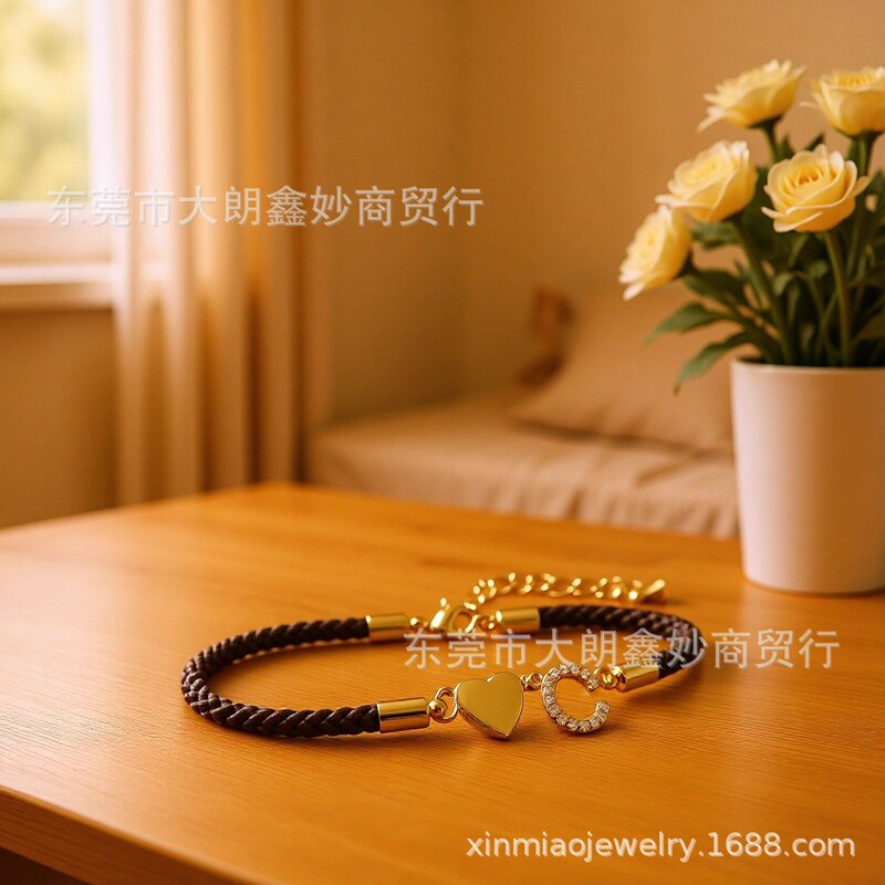 European and American Cross-Border Fashion Heart-Shaped Letter Copper Inlaid Zircon Women's Bracelet Trendy Internet Celebrity Style with Initials