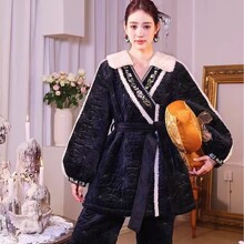 新款女士时尚套装中长款睡衣长袖长裤三层加绒加厚冬季可外出穿