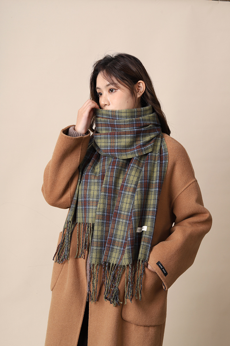 Neues grün kariertes Tuch im koreanischen Stil für Damen, vielseitig einsetzbar im Herbst und Winter, individuell und hochwertig, warmer Schal_voghion.com