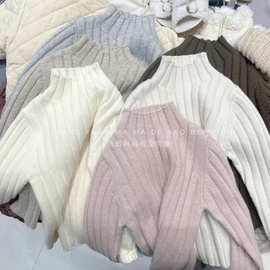女童毛衣25冬儿童纯色坑条半高领打底衫女孩百搭套头加厚保暖线衫