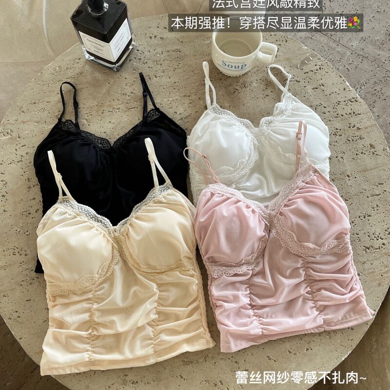 8704# Pure Desire Spice Girl V-Neck Lace Camisole Women's Chest Pad One-piece Beautiful Back Wrinkled Waist Tops
