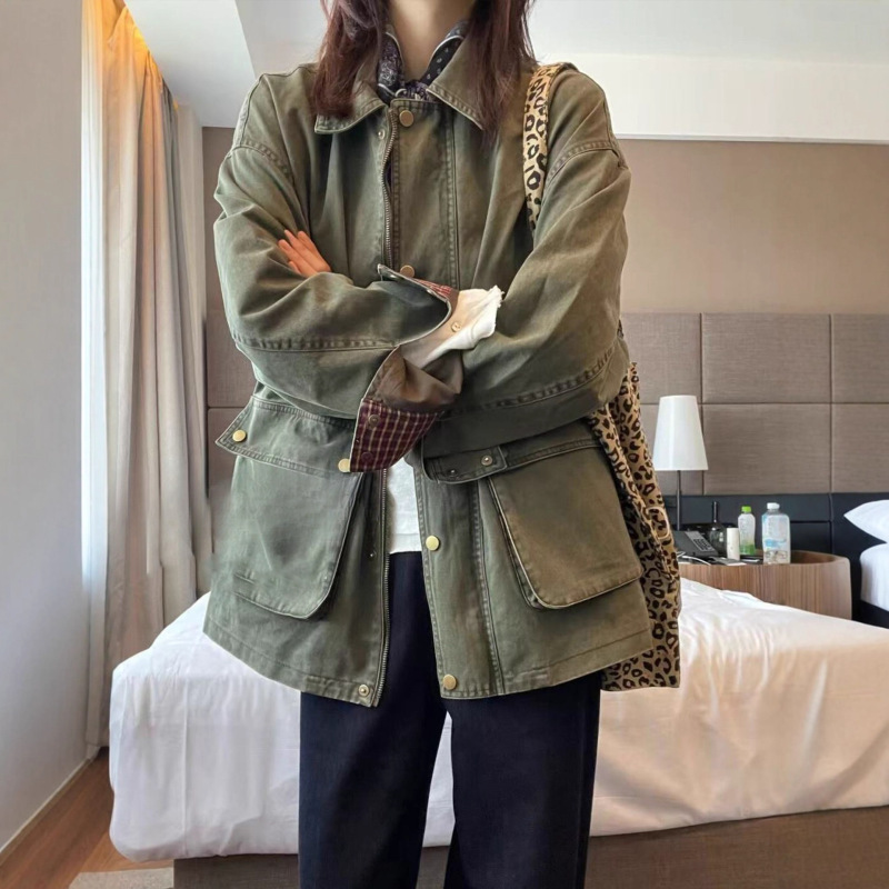 复古感满满~格子拼接牛仔夹克女2025年秋季韩版百搭宽松牛仔外套|undefined