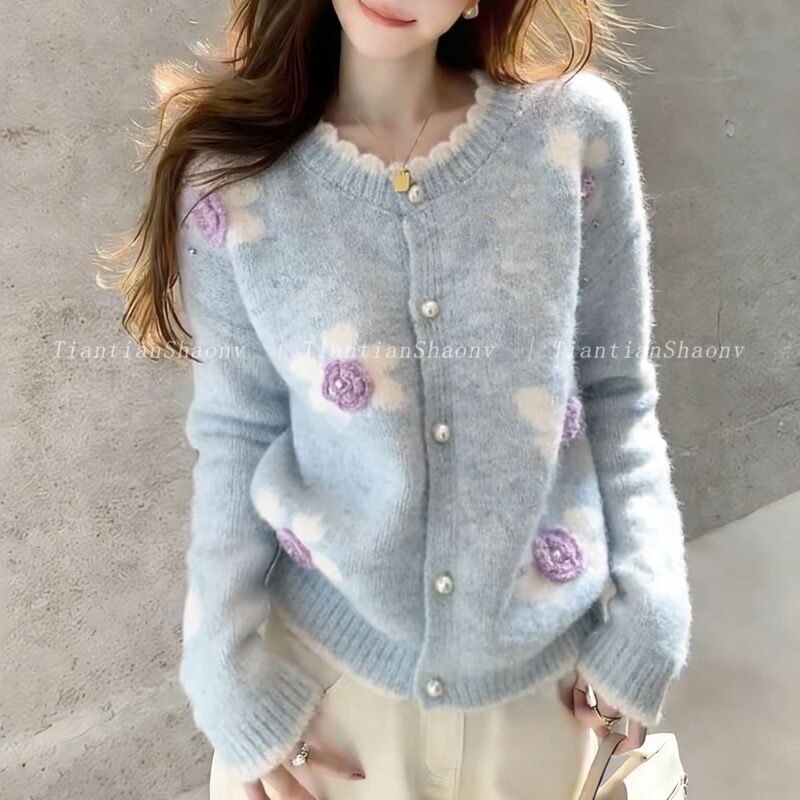 Chanel-Style Three-Dimensional Floral Pearl Button Sweater Cardigan 2026 Autumn and Winter Lazy High-End Loose Knit Coat Chanel-Style Three-Dimensional Floral Pearl Button Sweater Cardigan 2026 Autumn and Winter Lazy High-End Loose Knit Coat