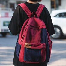 日系复古森系帆布双肩包女书包女ins撞色睿营感小众休闲学生背包