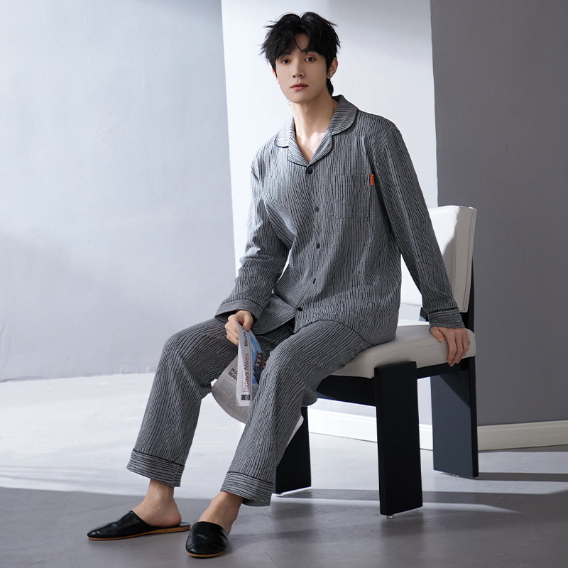 Pijama de hombre primavera y otoño algodón de manga larga juvenil suelto más grande cardigan a rayas con collar conjunto de ropa de casa