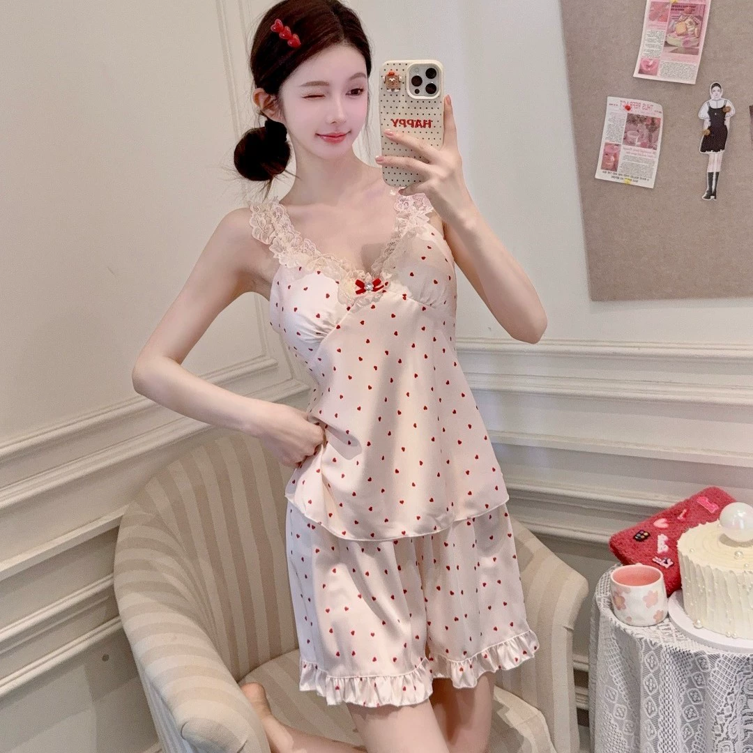【Love Series】Платье на тонких бретельках во французском стиле, ночная рубашка из ледяного шелка, сексуальное кружево Pure Desire с розовым сердцем для девочек Pure Desire.