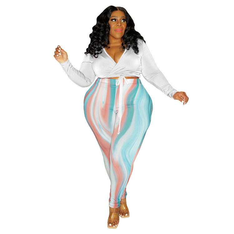 plus size solid color V-Neck Tight Top printed Pants Two-piece Set NSCYF122396