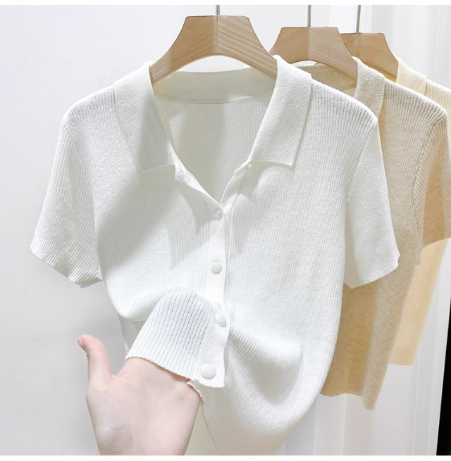 Áo thun polo nữ tay ngắn cổ bẻ chất liệu len lụa mát mẻ — màu trắng chi tiết 9