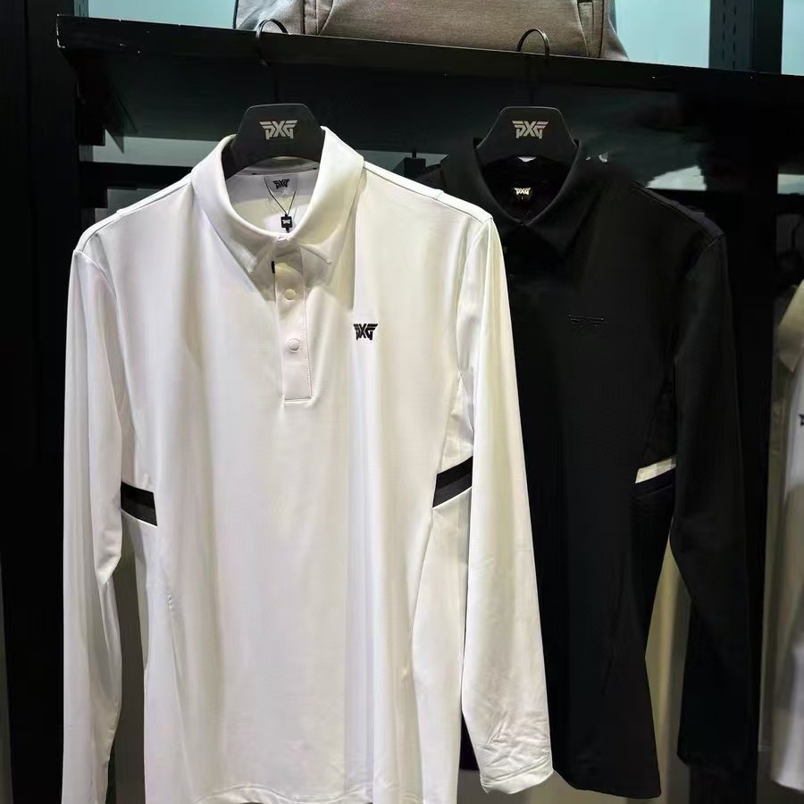 Men's Golf Polo Shirt with Half-Button Closure, Stretchy, Versatile Long-Sleeve T-Shirt with 3D Cut and Brand Letter Logo Embellishment