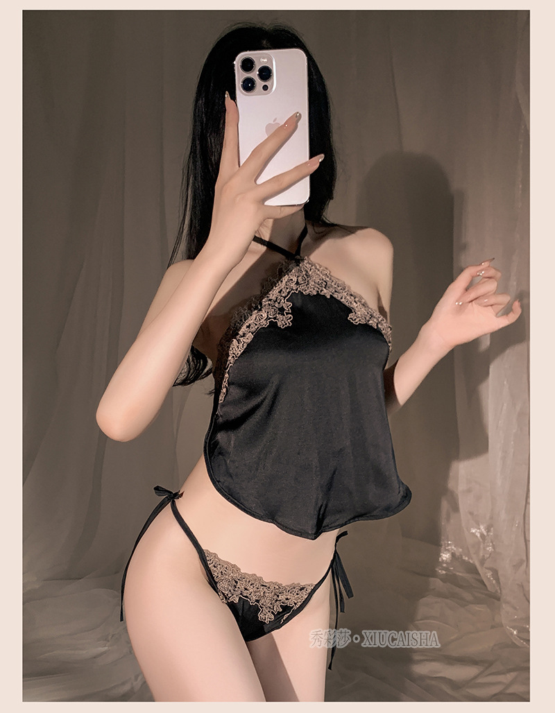Retro Lace-up Bellyband Pajama Set with Matching Briefs, Wine Red Polyester — detail image 9