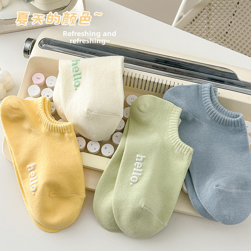 Socks for women summer Hello short-tube college style women's boat socks candy color invisible hot stamping letters women's socks cotton socks