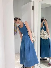 蓝雾之恋法式牛仔连衣裙女夏小众设计感收腰气质吊带长裙