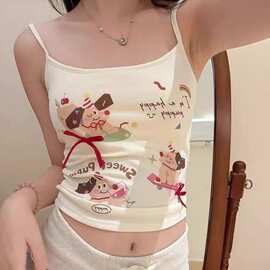人棉甜美可爱韩版卡通印花吊带背心女带胸垫辣妹内搭外穿打底上衣