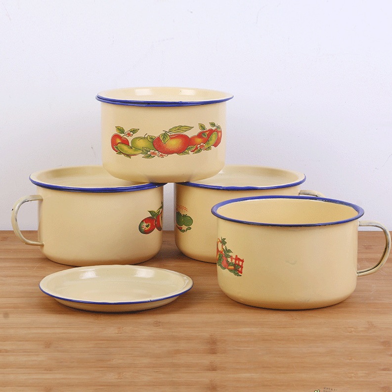 Taza de comida rápida esmaltada con cubierta de tazón de esmaltado de estilo antiguo gran tazón de almuerzo tazón de fideos bolos de bolos de comida de adultos estudiantes tazón de esmaltado
