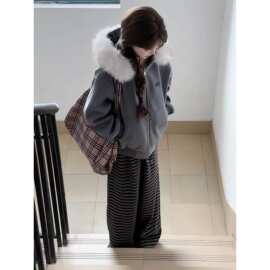 【纯棉复合银狐绒】复古连帽毛领灰色毛呢外套女秋冬季韩系