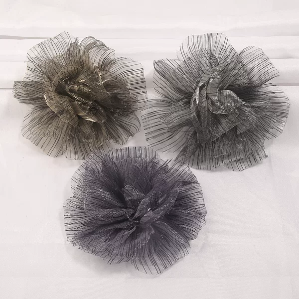 Pleated organza with hand-burned edges, snow gauze flowers, DIY hair clips, brooches, accessories, shoe and hat embellishments, clothing accessories