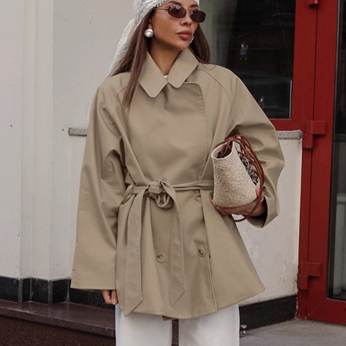 2025 European and American Cross-Border New Design Trench Coat for Women, Mid-Length Khaki Jacket with Belt, Autumn Long-Sleeve Coat
