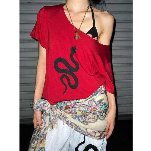 Snake Hip-hop street dance Hip-hop retro off-shoulder short-sleeve women's American slimming top loose printed jazz pure desire