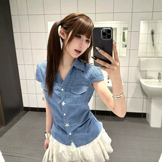 美式复古掐腰修身显瘦格子短袖衬衫女夏季格纹衬衣甜辣风短款上衣