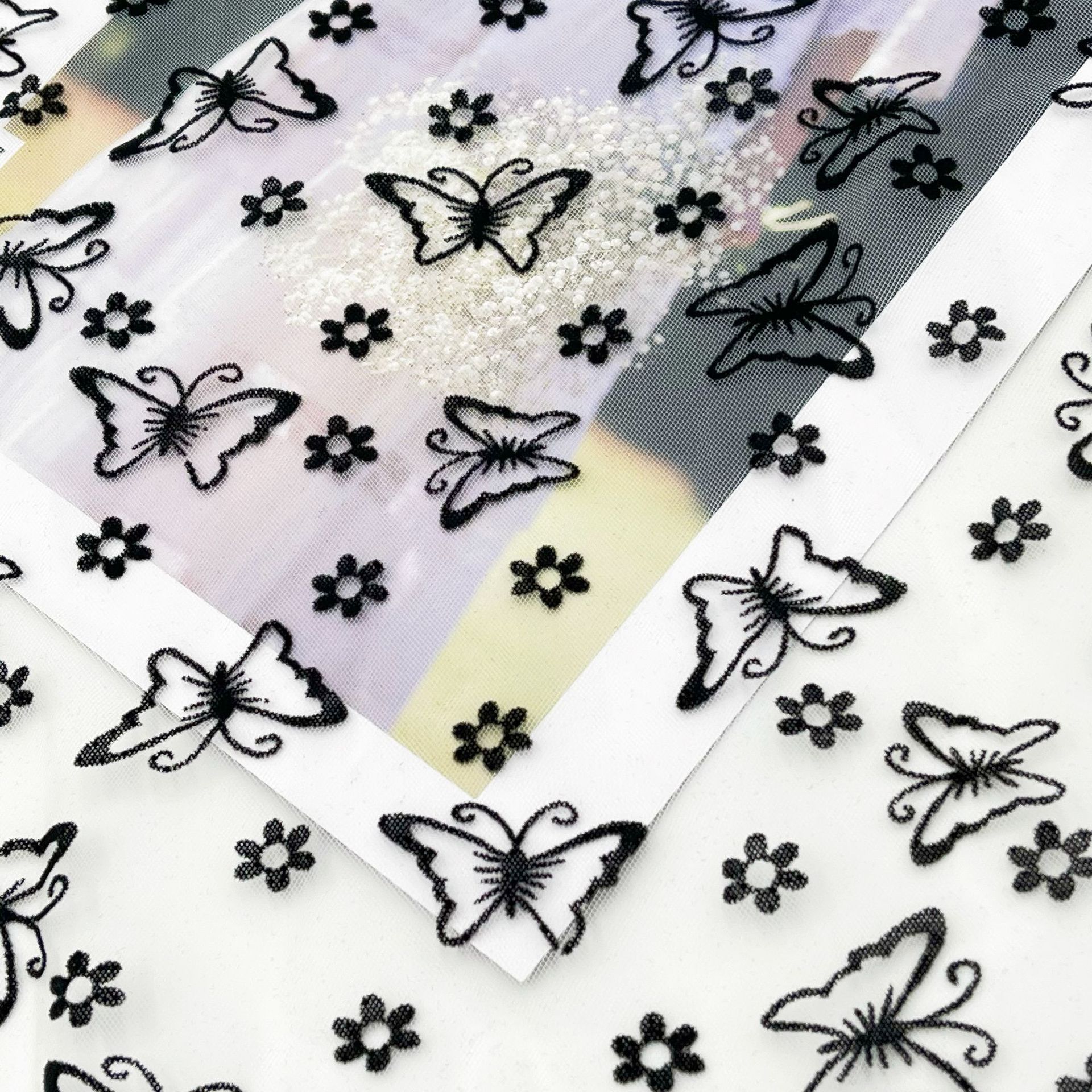 菱形网网眼布植绒蝴蝶小花植绒纱童装汉服洛丽塔桌布面料现货直供