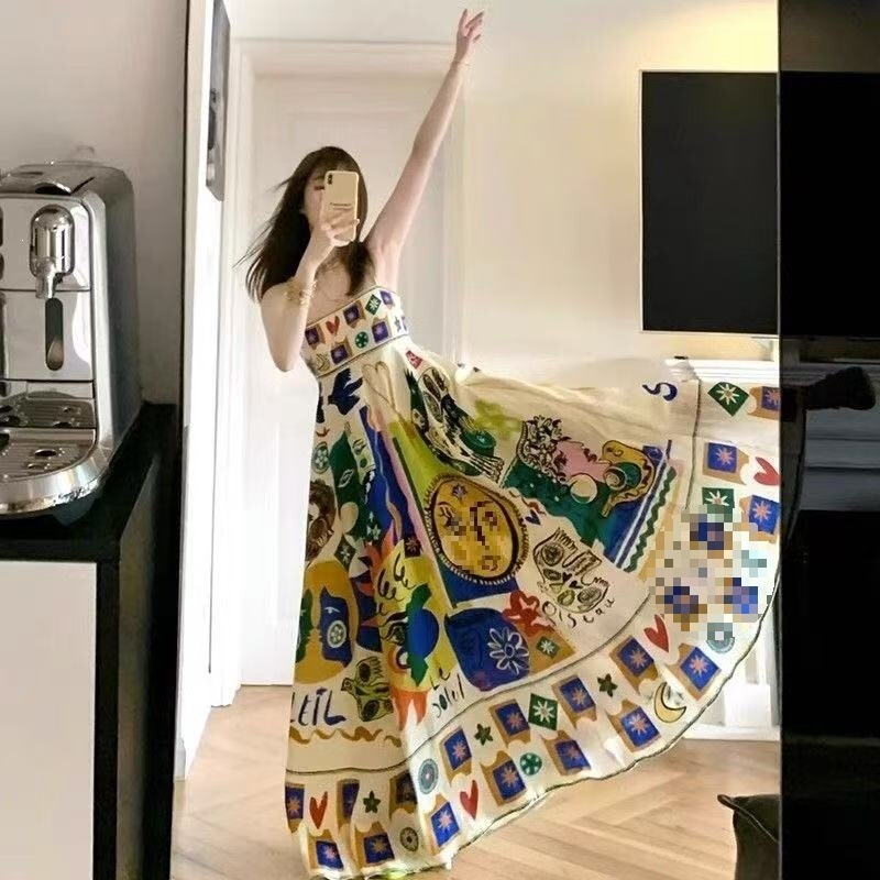 Ethnic Style Graffiti Print Suspender Dress for Women 2026 Spring and Summer New Design Niche Simple Versatile Long Dress Ethnic Style Graffiti Print Suspender Dress for Women 2026 Spring and Summer New Design Niche Simple Versatile Long Dress