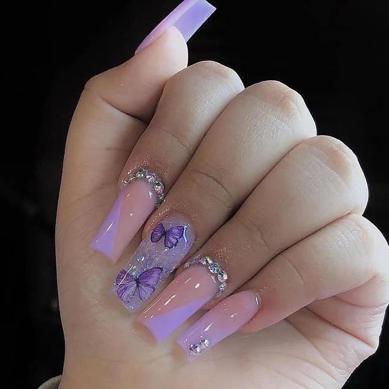 Shiny Diamond Ice Cream Taro Purple Butterfly Manicure Light Purple French Princess Style Wearable Nails Fake Nails Shiny Diamond Ice Cream Taro Purple Butterfly Manicure Light Purple French Princess Style Wearable Nails Fake Nails
