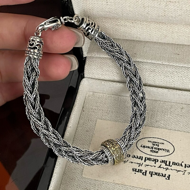 S925 Sterling Silver Braided Fox Tail Hemp Rope Bracelet with Rotatable Beads for Men, High-End Manufacturer Direct Sales Niche Italy