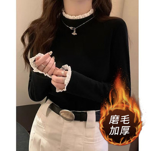 Lace Stitching Semi-high Collar Base Shirt Women's Autumn and Winter Double-sided Sanding Slim-fit Design Sense Knitted Shirt Women's Inner Top