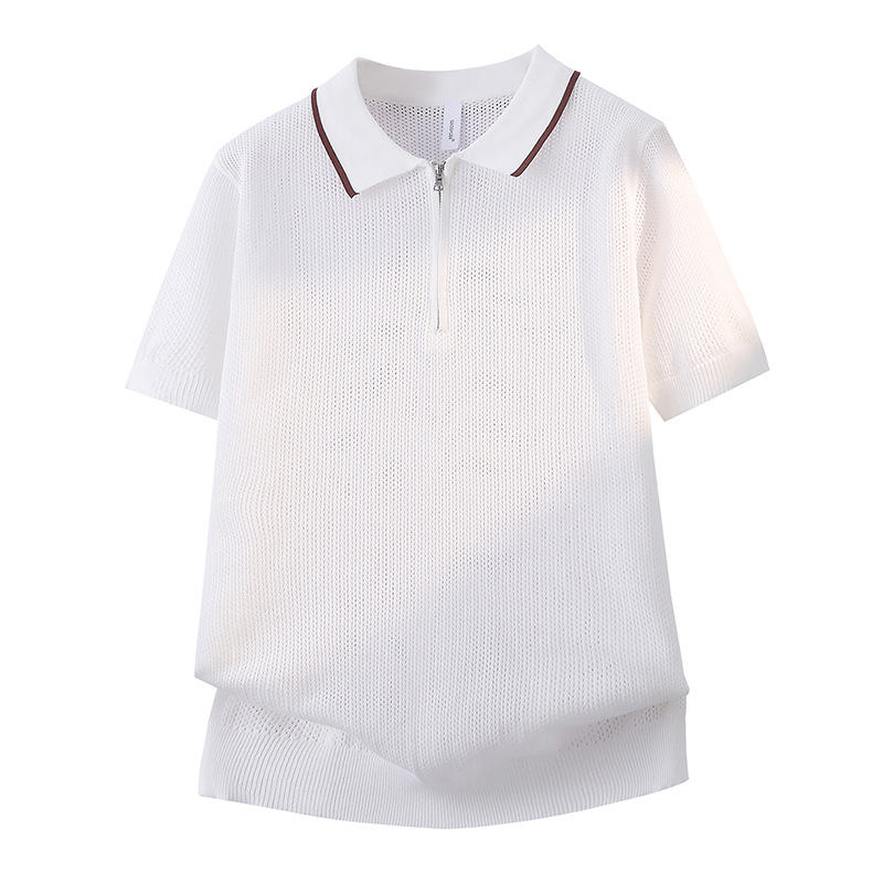 Polo camiseta de punto camiseta de manga corta hombre solapa media cremallera camiseta hueca verano viejo qianfeng fábrica de negocios transfronterizos al por mayor