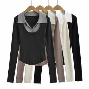23 European and American style women's new fake two-piece short long-sleeved T-shirt autumn stitching elegant simple shirt top