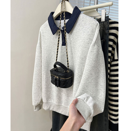 American Retro Color-block Polo Neck Sweatshirt for Women 2025 Spring and Autumn Design Focused Minority Loose Long Sleeve Top Trendy