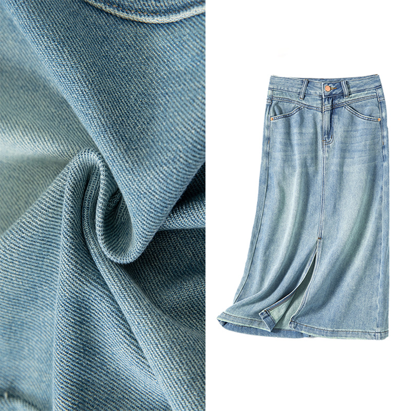 2026 Summer Silky Cool Sky Blue Denim Midi Skirt, A-line, Back Slit, Slimming, Work-appropriate Midi Skirt