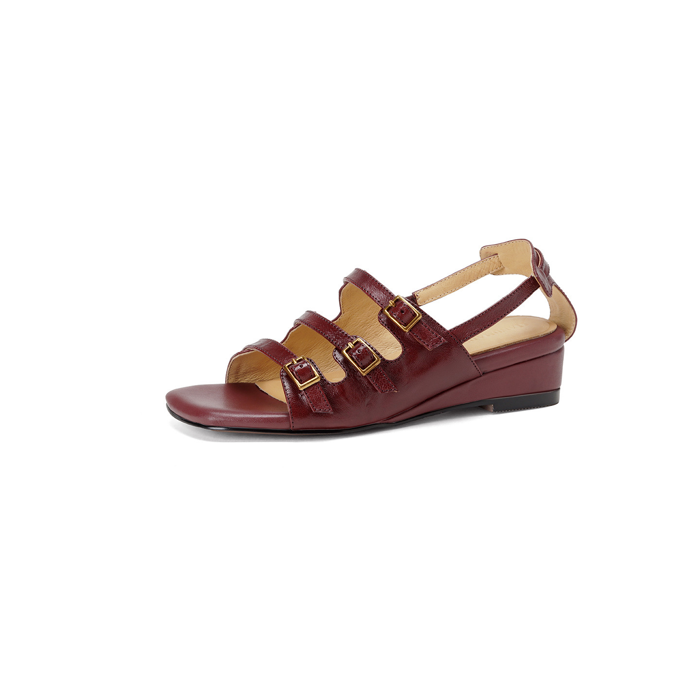 Sandal nữ hở mũi đầu vuông cổ điển quai ngang khóa cài gót thấp — màu be