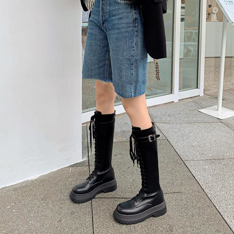 Reuzenbeen Lange knappe voorkant vetersluiting effen kleur ridderlaarzen dames nieuwe dikke zool maar knie afslankende lange laarzen hoge laarzen trendy_voghion.com