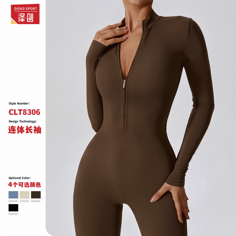 Zechuang European and American Zipper Naked Long-sleeved Yoga One-piece Suit High-intensity Fitness Sports One-piece Tight 8306