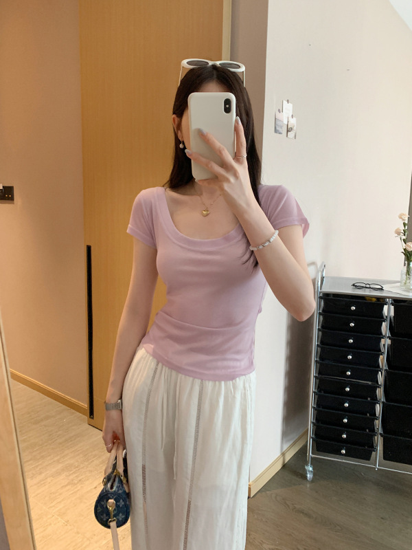 薄手の微透けラウンドネックウエスト半袖Tシャツ2025春夏新デザインスリムフィットトップ女性用|undefined